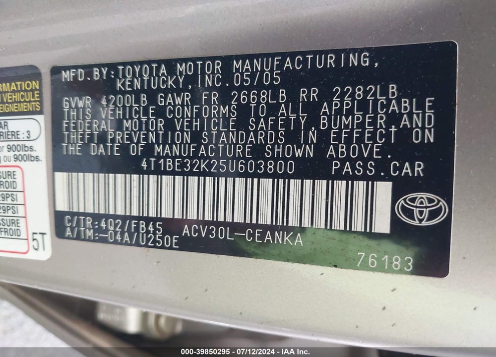 2005 TOYOTA CAMRY STD/ VIN: 4T1BE32K25U603800