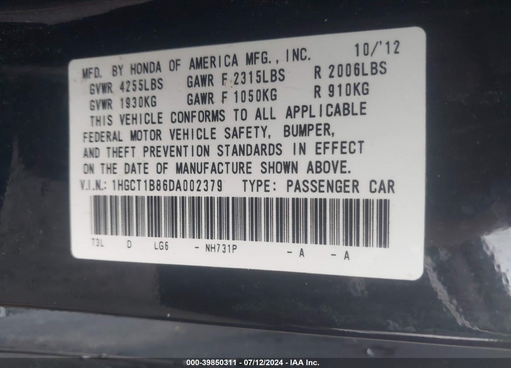 2013 HONDA ACCORD EX-L VIN: 1HGCT1B86DA002379