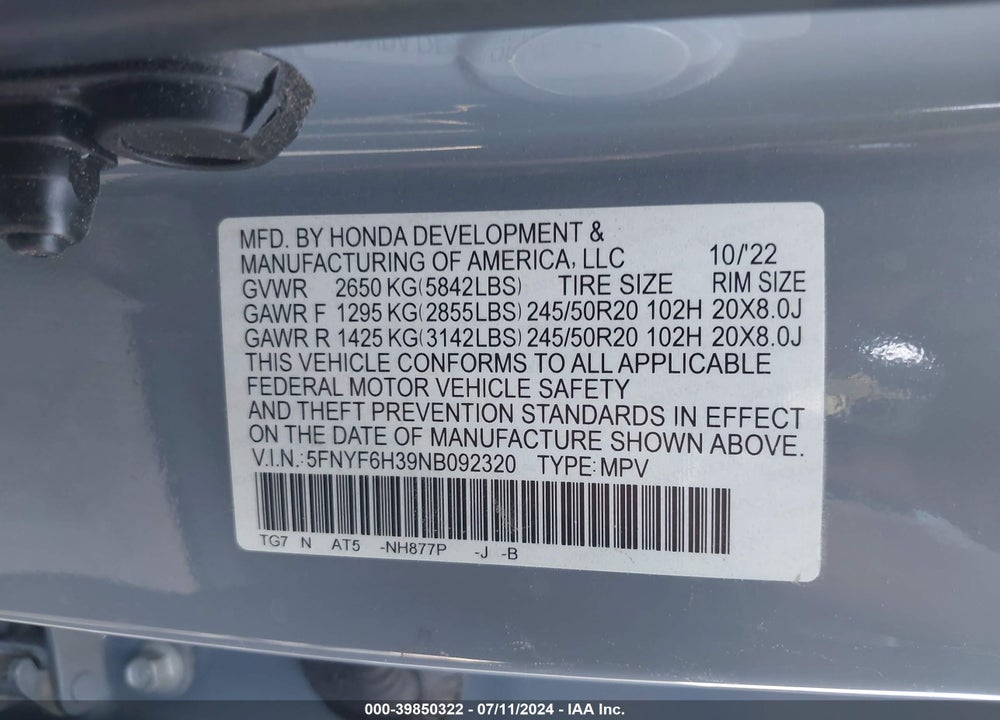 2022 HONDA PILOT AWD SPORT VIN: 5FNYF6H39NB092320