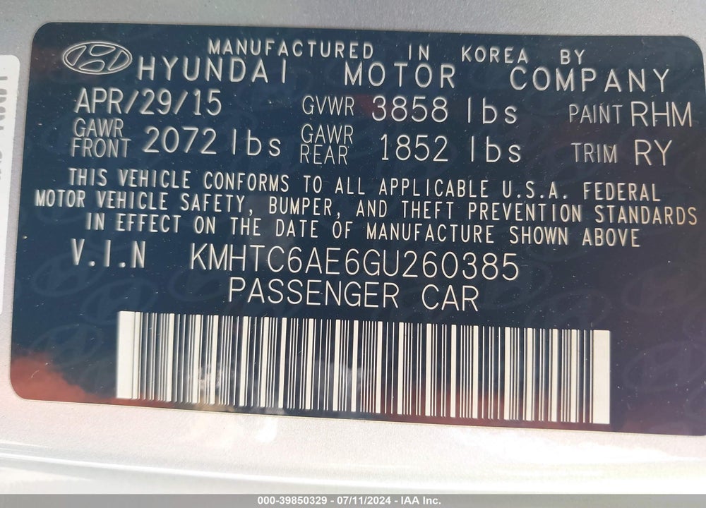 2016 HYUNDAI VELOSTER TURBO VIN: KMHTC6AE6GU260385