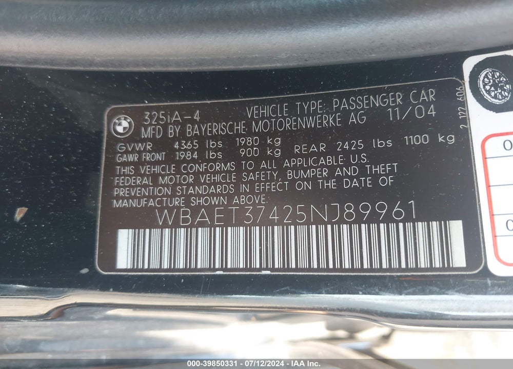2005 BMW 325I VIN: WBAET37425NJ89961