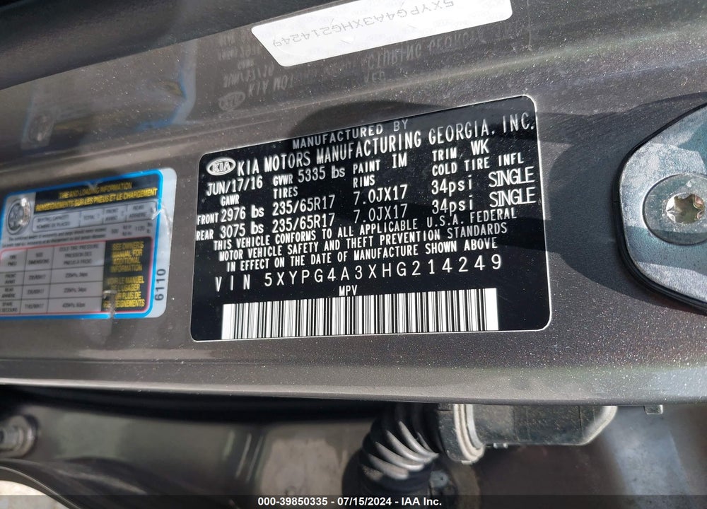 2017 KIA SORENTO 2.4L LX VIN: 5XYPG4A3XHG214249