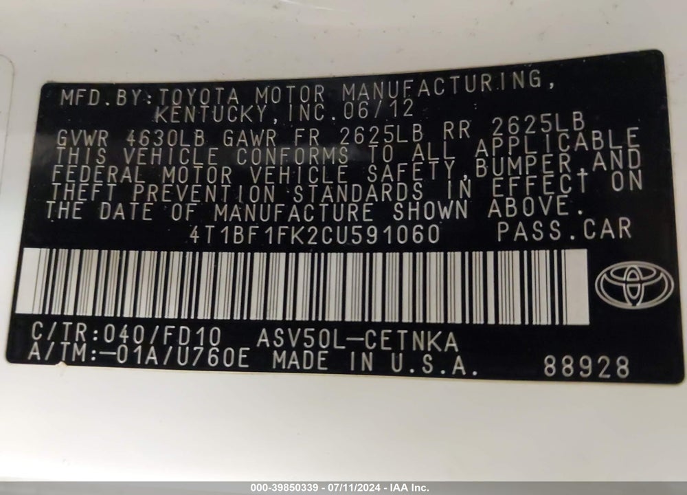 2012 TOYOTA CAMRY LE VIN: 4T1BF1FK2CU591060