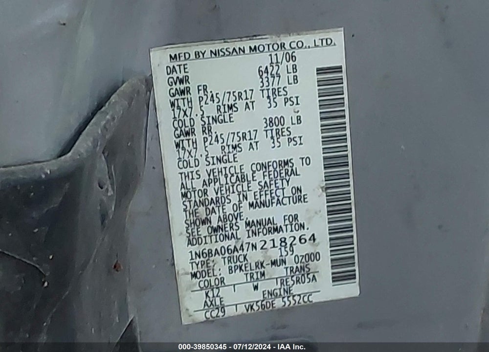 2007 NISSAN TITAN XE VIN: 1N6BA06A47N218264