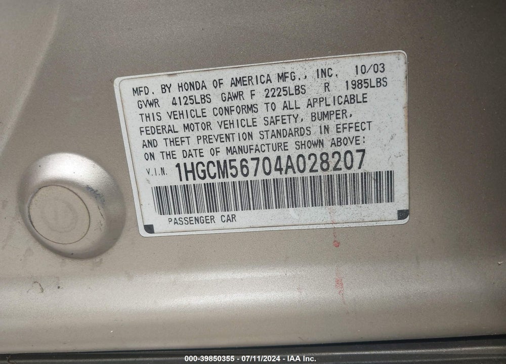 2004 HONDA ACCORD 2.4 EX VIN: 1HGCM56704A028207