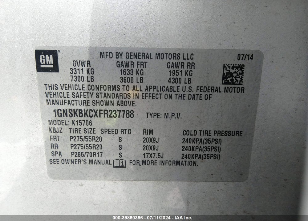 2015 CHEVROLET TAHOE LT VIN: 1GNSKBKCXFR237788