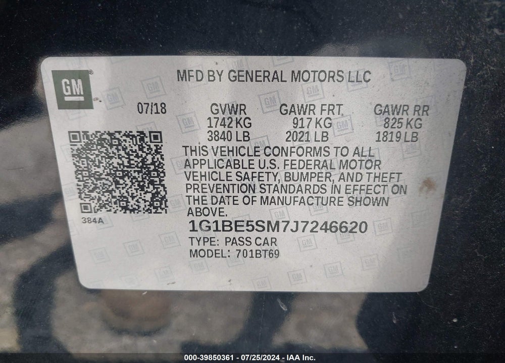 2018 CHEVROLET CRUZE LT AUTO VIN: 1G1BE5SM7J7246620
