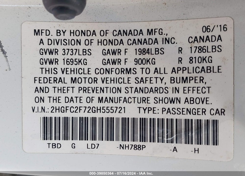 2016 HONDA CIVIC EX VIN: 2HGFC2F72GH555721
