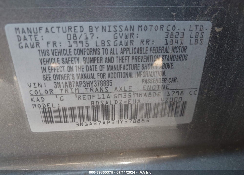 2017 NISSAN SENTRA SV VIN: 3N1AB7AP3HY378885