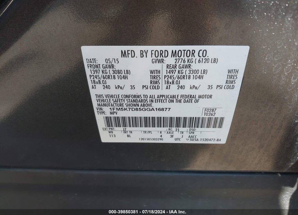 2016 FORD EXPLORER XLT VIN: 1FM5K7D85GGA16877