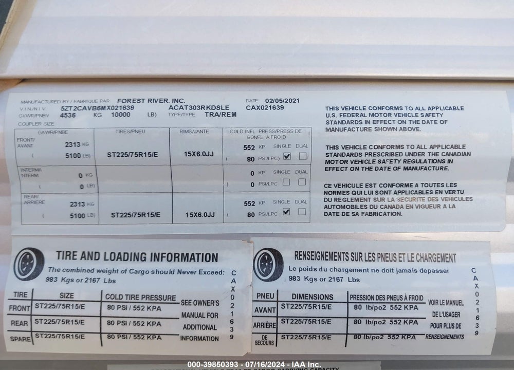 2021 COACHMEN CATALINA VIN: 5ZT2CAVB6MX021639