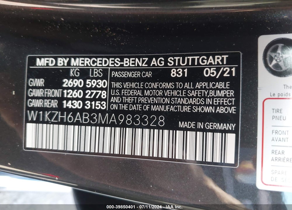 2021 MERCEDES-BENZ E VIN: W1KZH6AB3MA983328