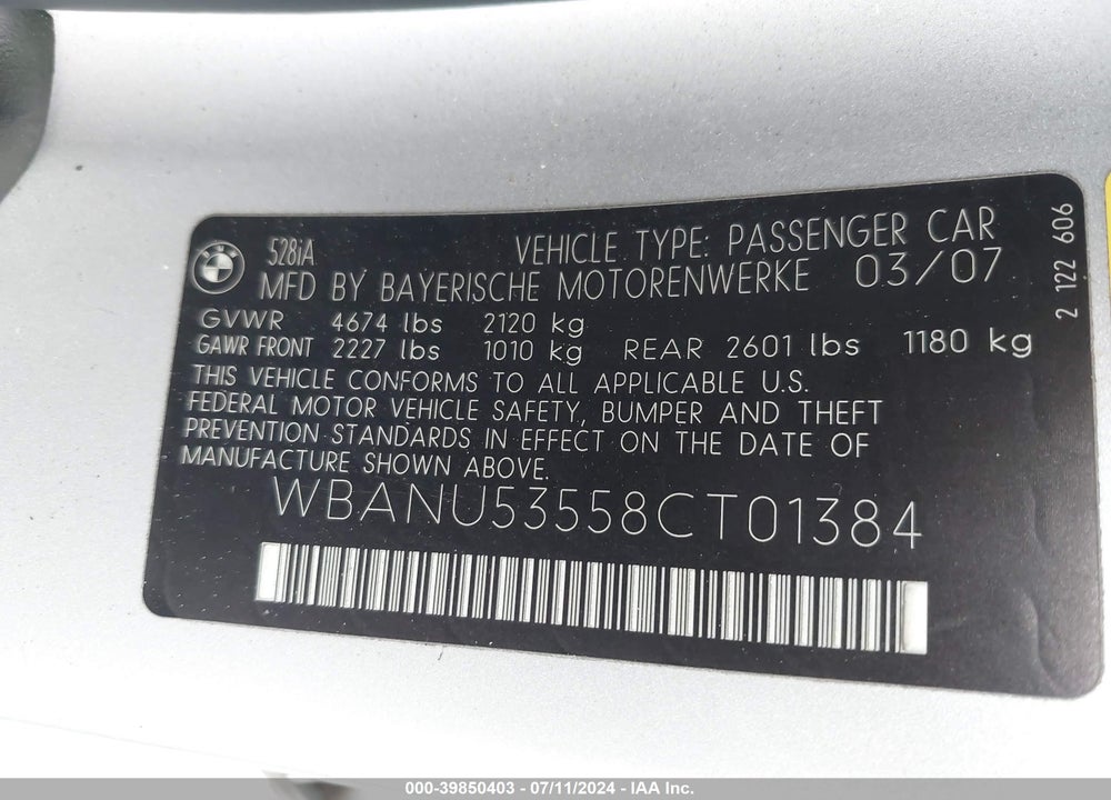 2008 BMW 528I VIN: WBANU53558CT01384