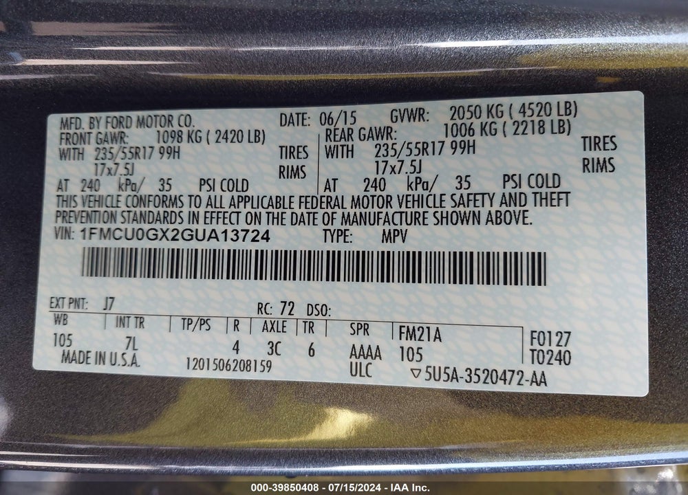 2016 FORD ESCAPE SE VIN: 1FMCU0GX2GUA13724