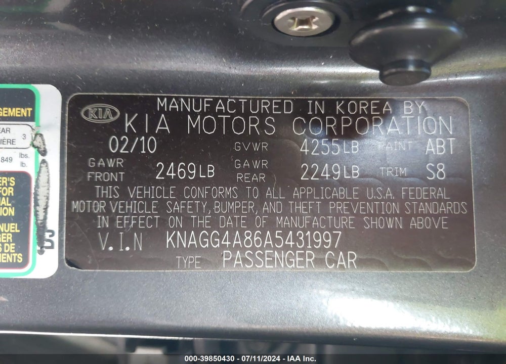 2010 KIA OPTIMA LX VIN: KNAGG4A86A5431997