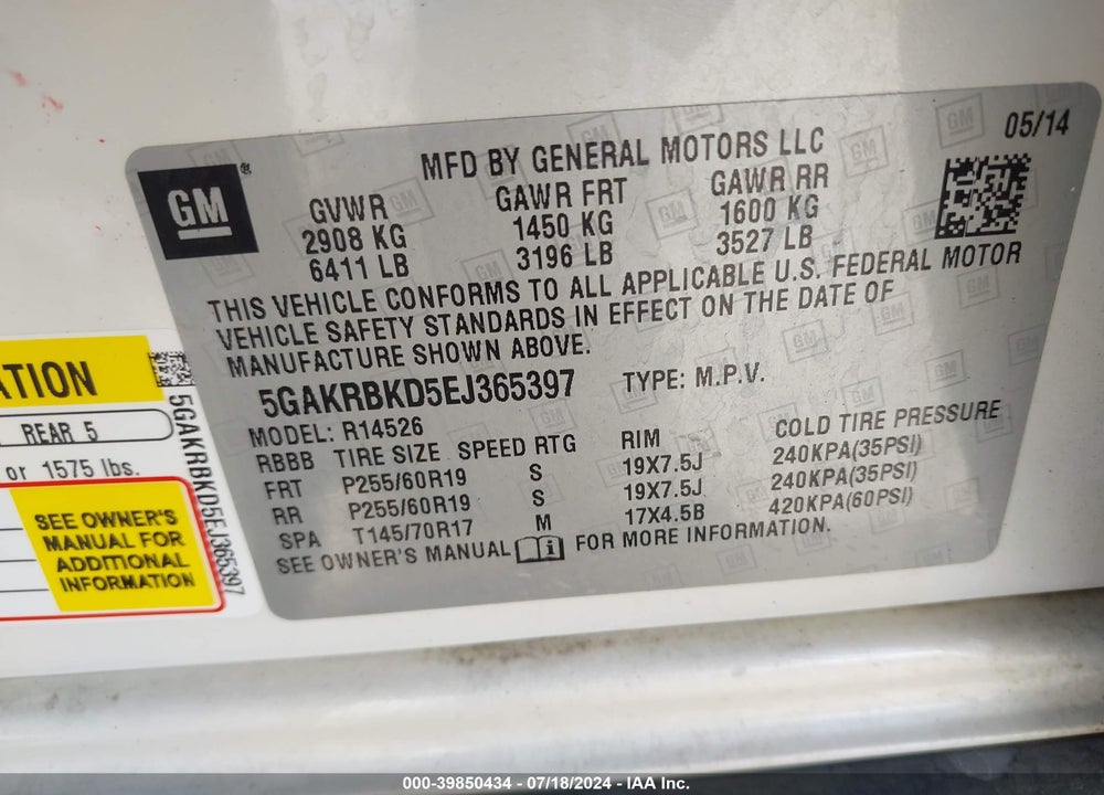 2014 BUICK ENCLAVE LEATHER VIN: 5GAKRBKD5EJ365397