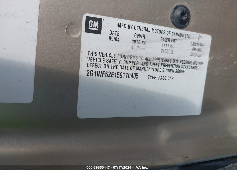 2005 CHEVROLET IMPALA VIN: 2G1WF52E159170405
