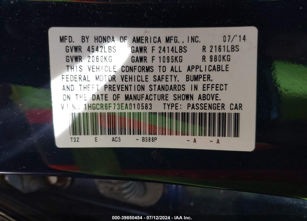 2014 HONDA ACCORD HYBRID TOURING VIN: 1HGCR6F73EA010583