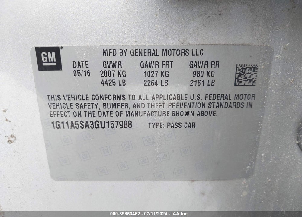 2016 CHEVROLET MALIBU LIMITED 1FL VIN: 1G11A5SA3GU157988