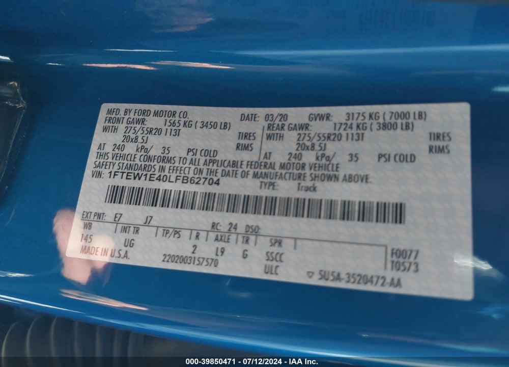 2020 FORD F-150 XLT VIN: 1FTEW1E40LFB62704
