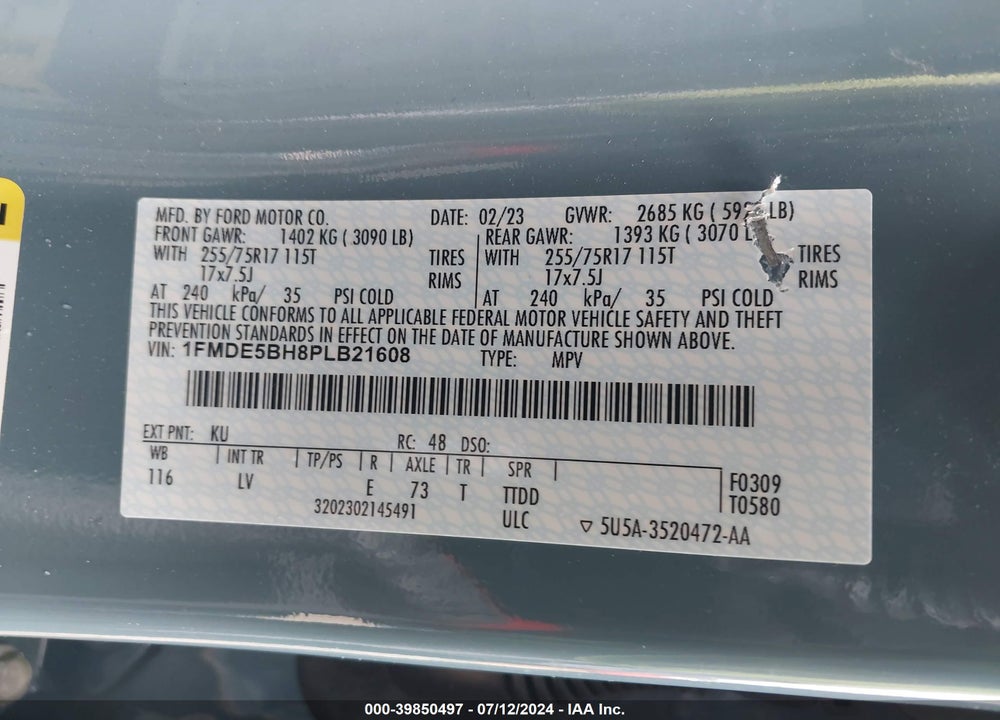 2023 FORD BRONCO BIG BEND VIN: 1FMDE5BH8PLB21608
