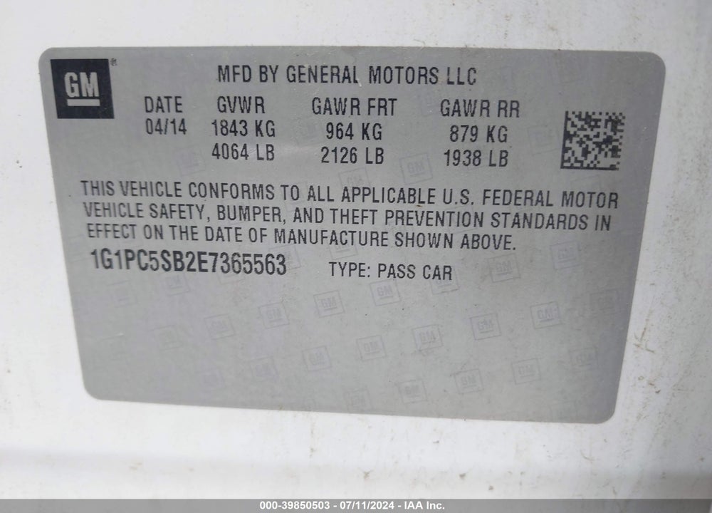 2014 CHEVROLET CRUZE 1LT AUTO VIN: 1G1PC5SB2E7365563