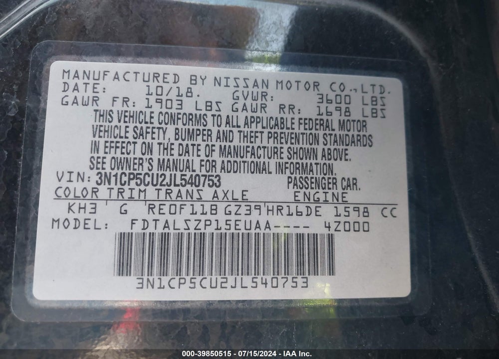 2018 NISSAN KICKS SV VIN: 3N1CP5CU2JL540753