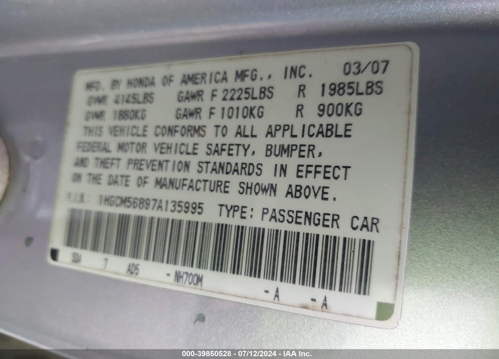 2007 HONDA ACCORD 2.4 EX VIN: 1HGCM56897A135995
