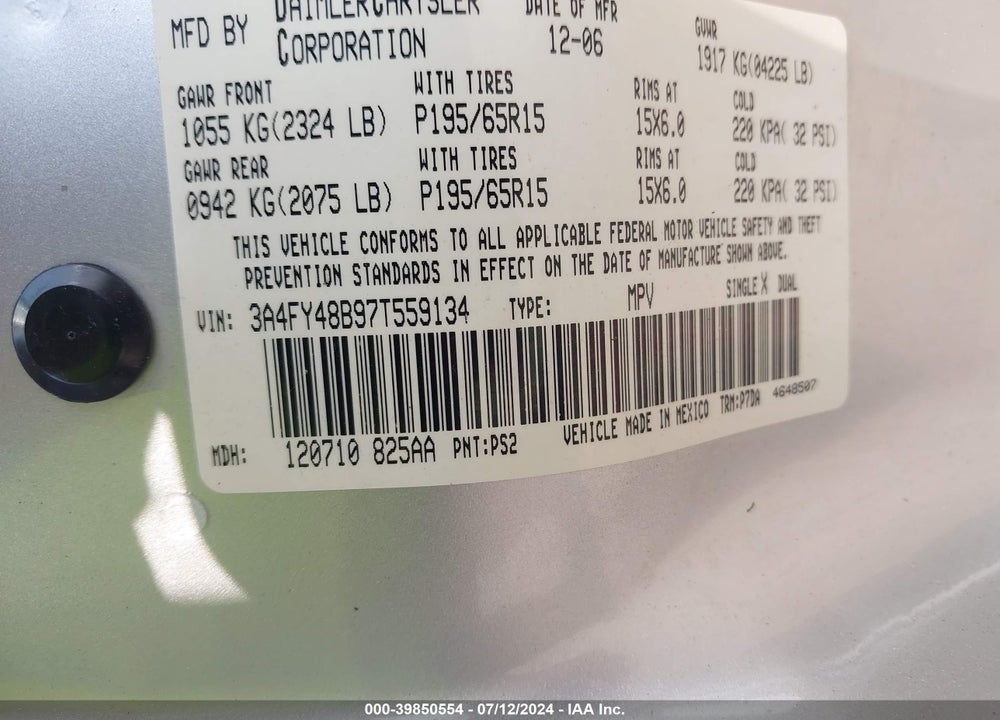 2007 CHRYSLER PT CRUISER VIN: 3A4FY48B97T559134