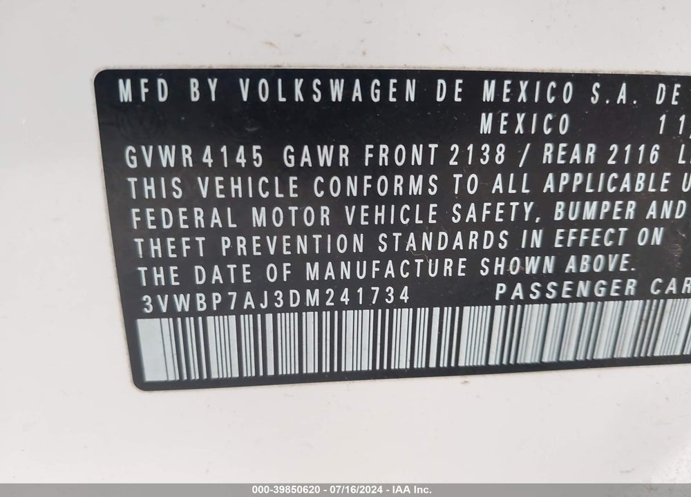 2013 VOLKSWAGEN JETTA 2.5L SE VIN: 3VWBP7AJ3DM241734