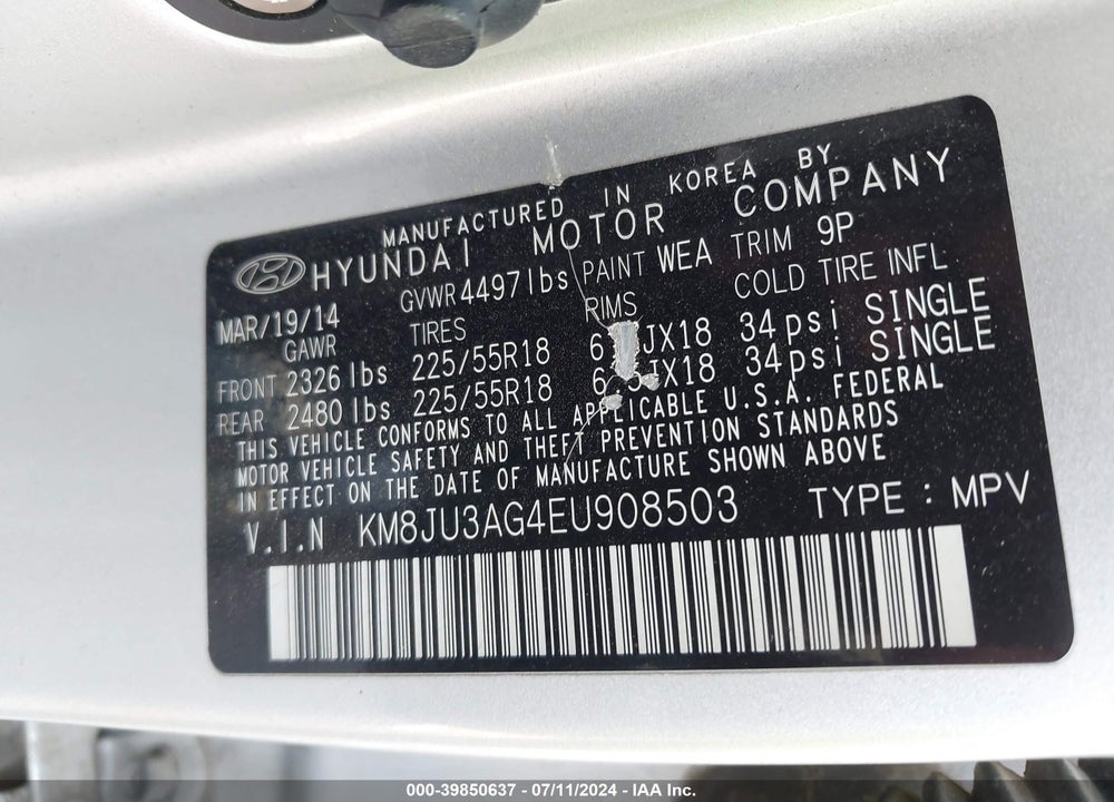 2014 HYUNDAI TUCSON LIMITED VIN: KM8JU3AG4EU908503