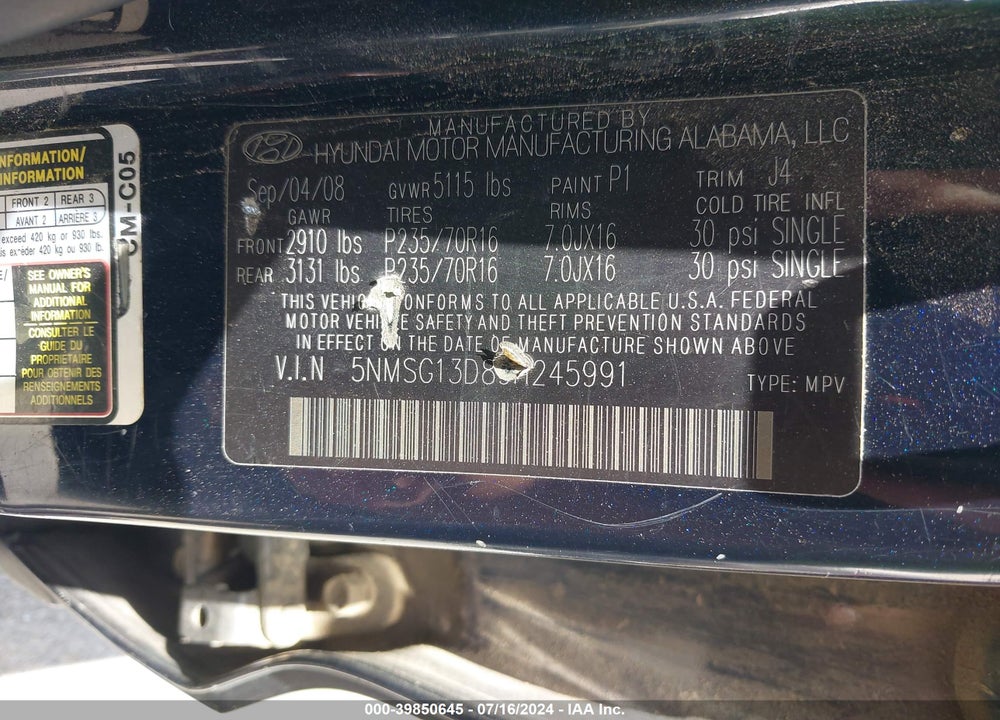 2009 HYUNDAI SANTA FE GLS VIN: 5NMSG13D89H245991