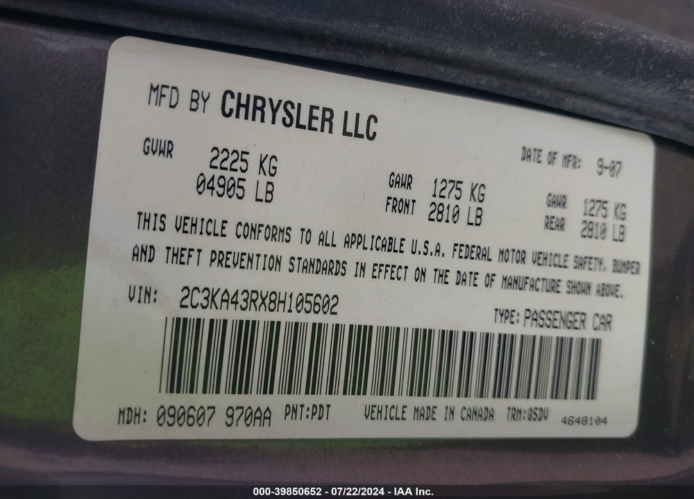 2008 CHRYSLER 300 LX VIN: 2C3KA43RX8H105602