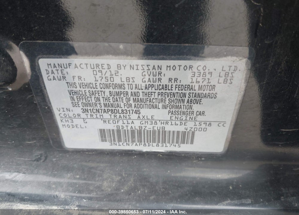 2013 NISSAN VERSA 1.6 SV VIN: 3N1CN7AP8DL831745
