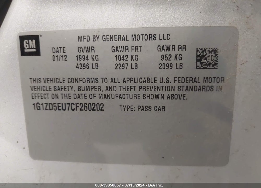 2012 CHEVROLET MALIBU 2LT VIN: 1G1ZD5EU7CF260202