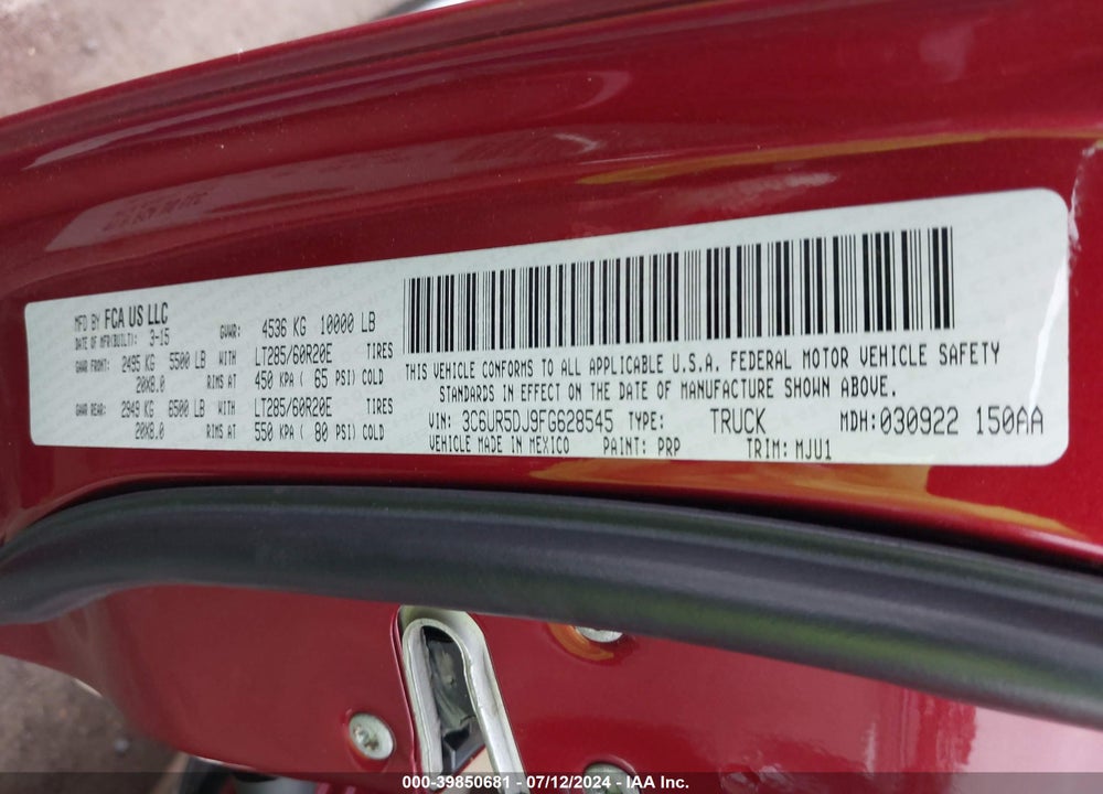 2015 RAM 2500 BIG HORN VIN: 3C6UR5DJ9FG628545