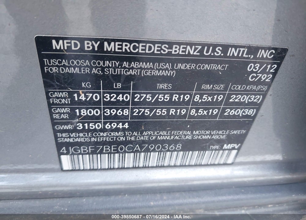 2012 MERCEDES-BENZ GL 450 4MATIC VIN: 4JGBF7BE0CA790368