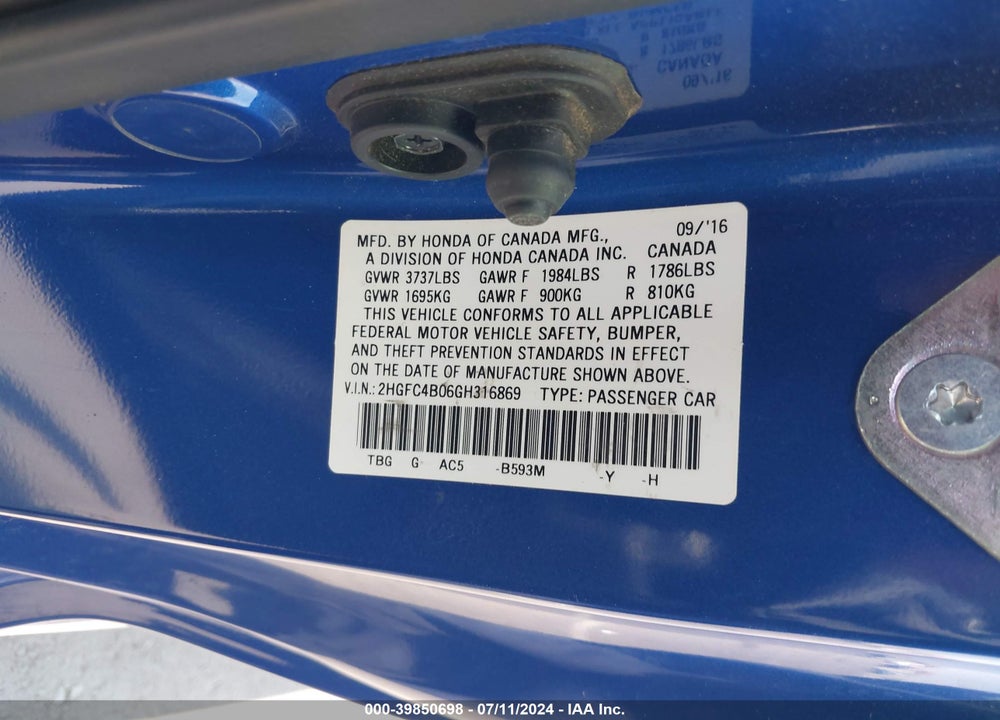 2016 HONDA CIVIC LX-P VIN: 2HGFC4B06GH316869