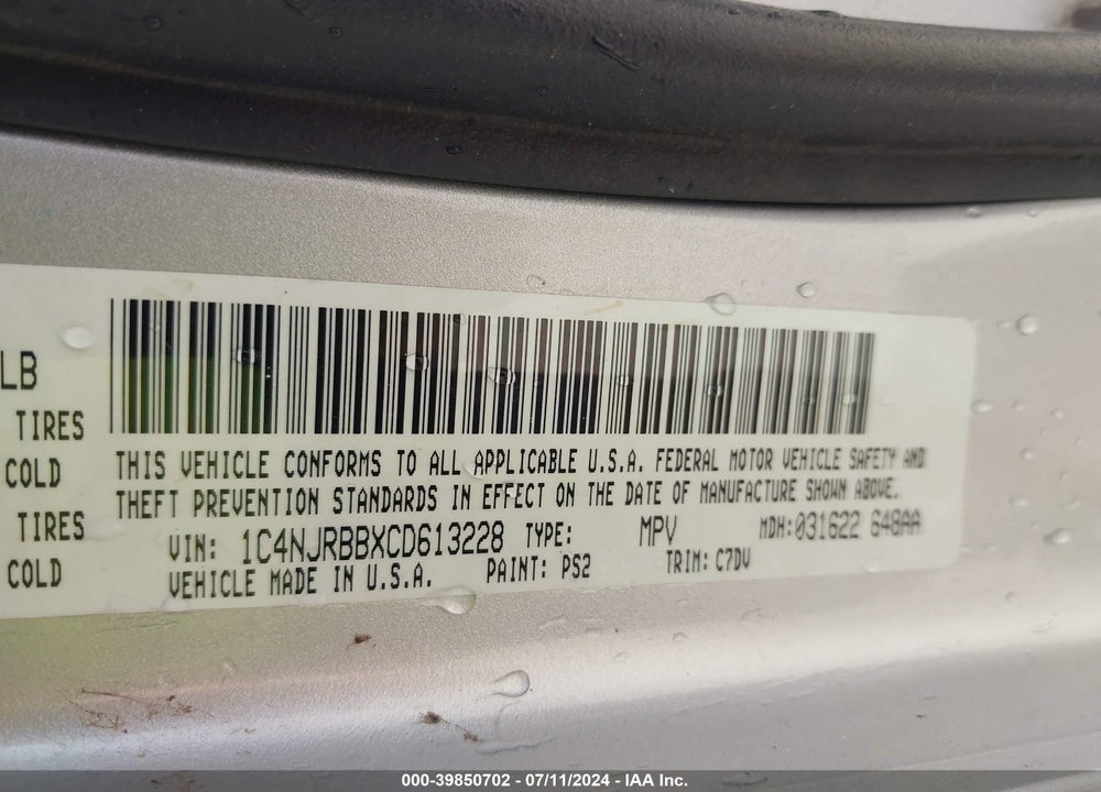 2012 JEEP PATRIOT VIN: 1C4NJRBBXCD613228