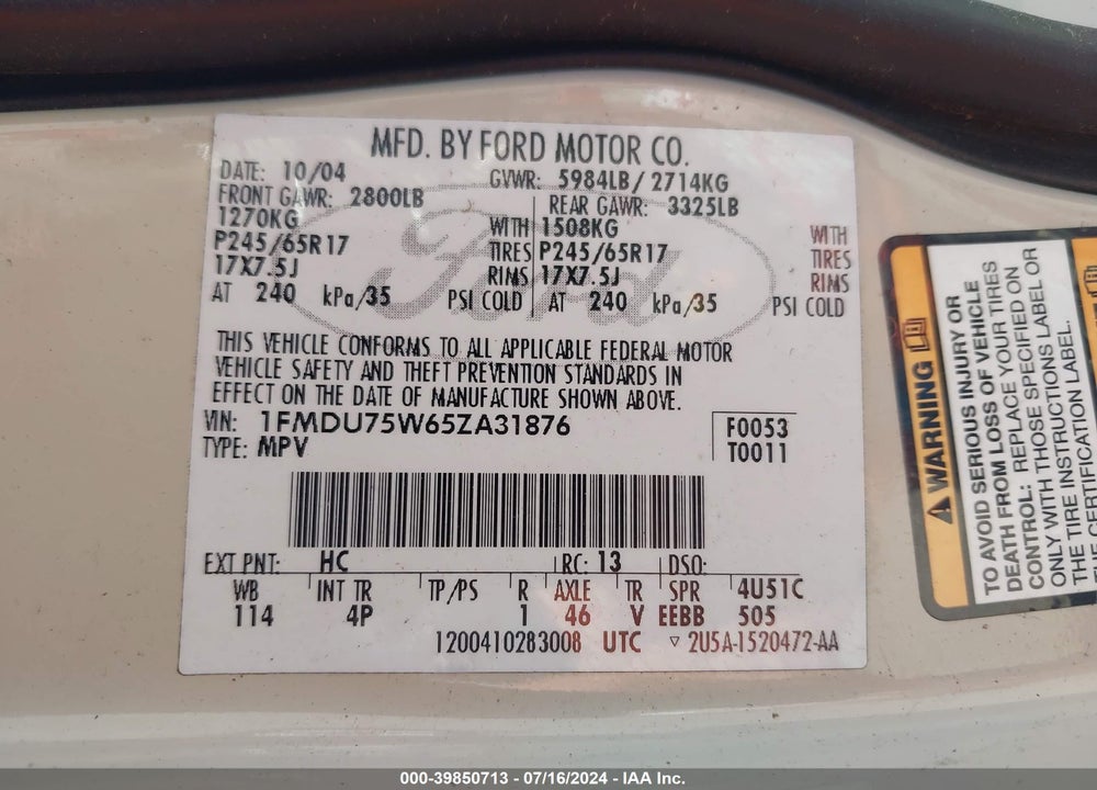 2005 FORD EXPLORER LIMITED VIN: 1FMDU75W65ZA31876