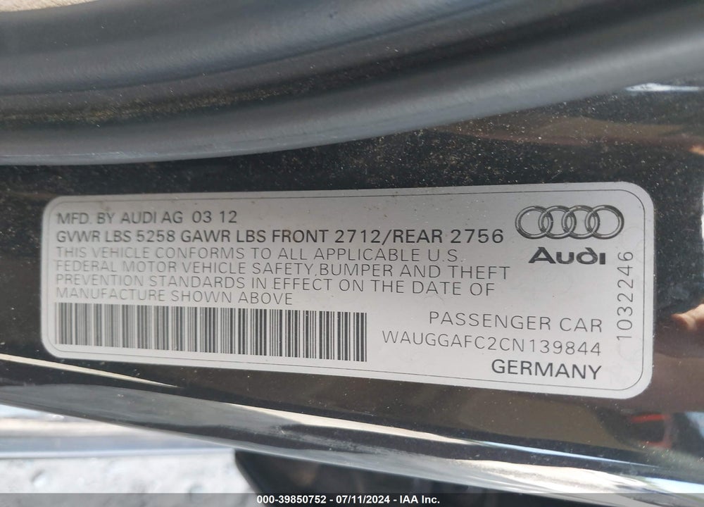 2012 AUDI A6 3.0 PREMIUM VIN: WAUGGAFC2CN139844