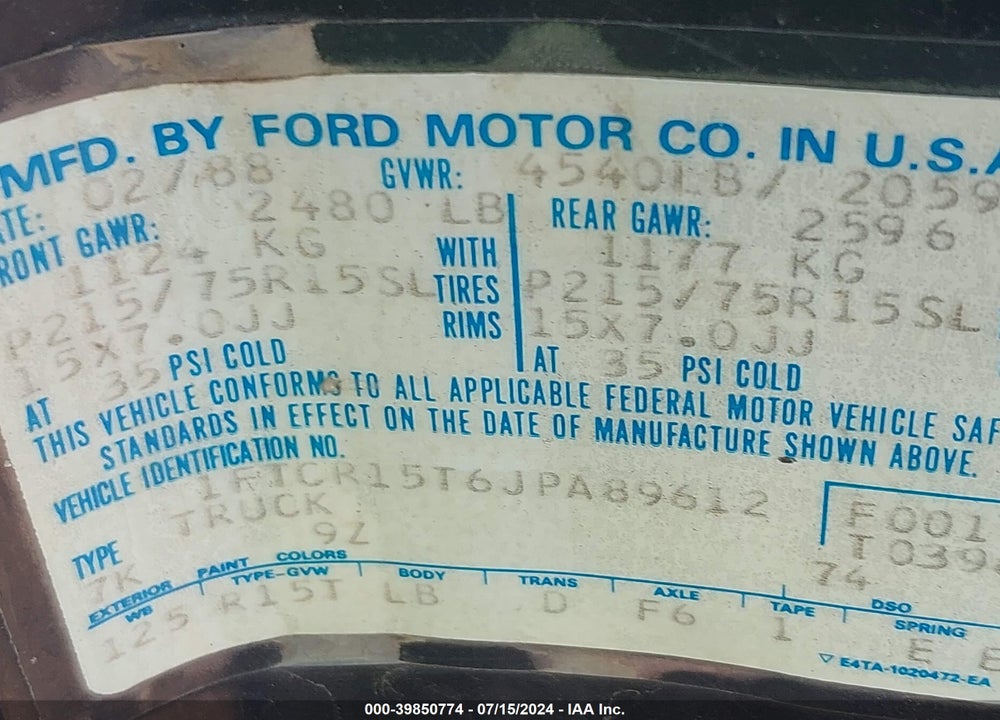 1988 FORD RANGER SUPER CAB VIN: 1FTCR15T6JPA89612