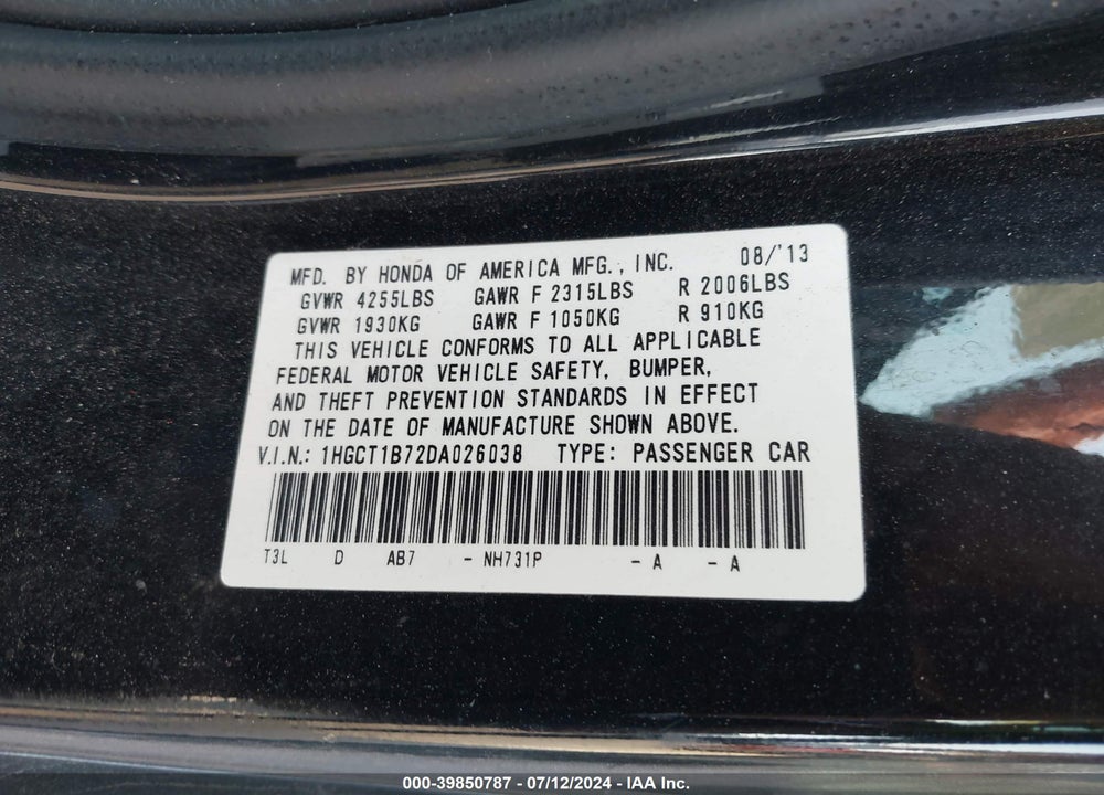 2013 HONDA ACCORD EX VIN: 1HGCT1B72DA026038
