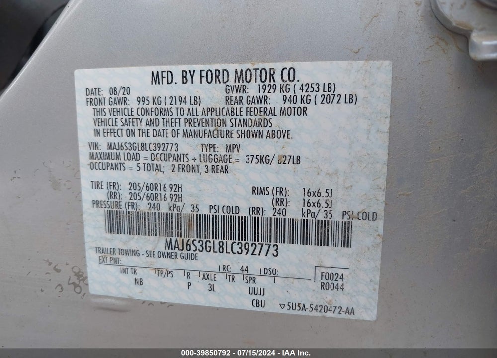 2020 FORD ECOSPORT SE VIN: MAJ6S3GL8LC392773