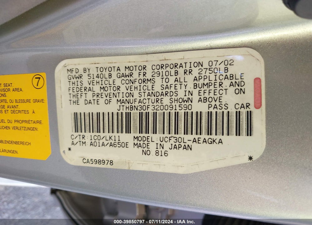 2002 LEXUS LS 430 VIN: JTHBN30F320091590