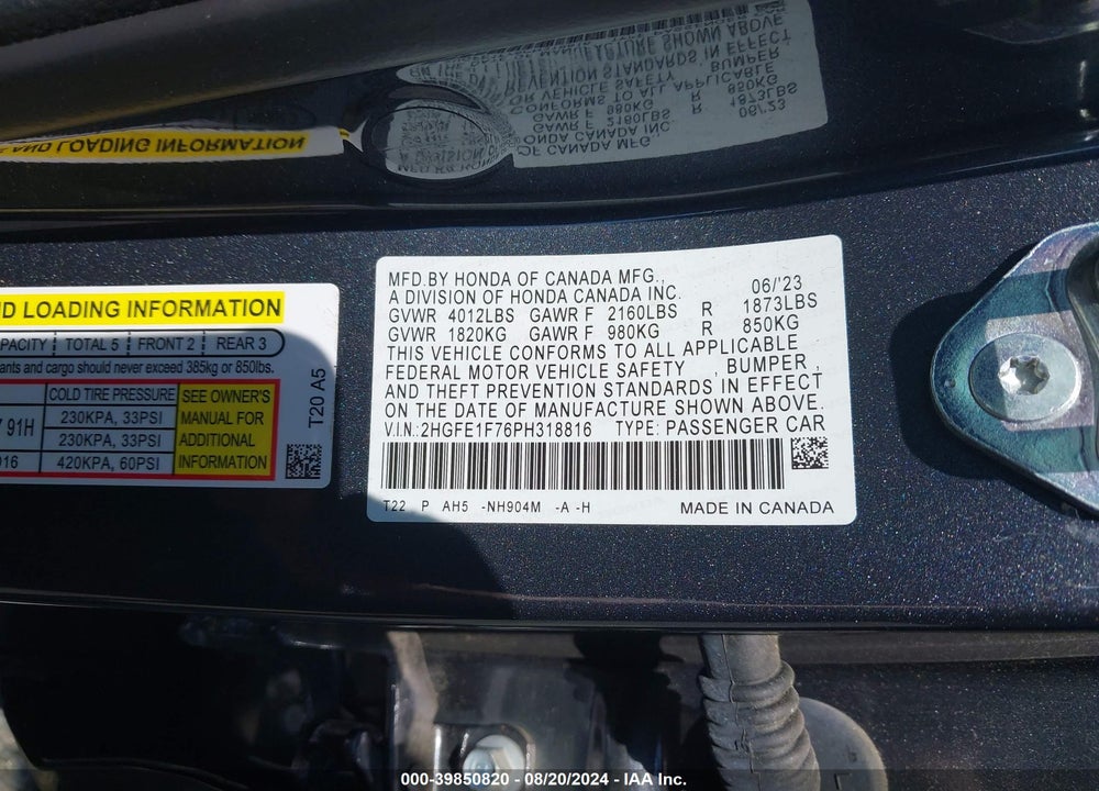 2023 HONDA CIVIC EX /EX W/O BSI VIN: 2HGFE1F76PH318816