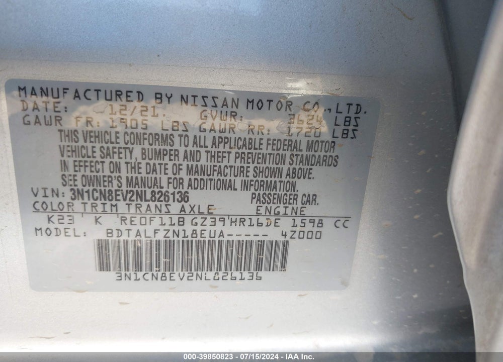 2022 NISSAN VERSA 1.6 SV XTRONIC CVT VIN: 3N1CN8EV2NL826136