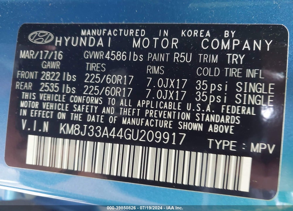 2016 HYUNDAI TUCSON SE VIN: KM8J33A44GU209917