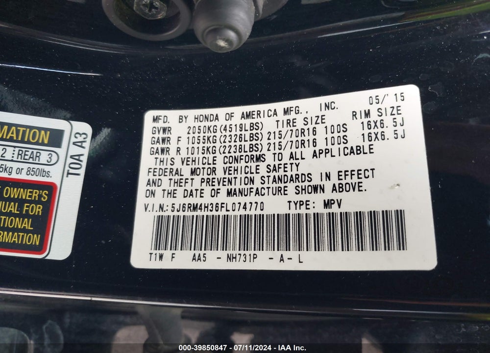 2015 HONDA CR-V LX VIN: 5J6RM4H36FL074770