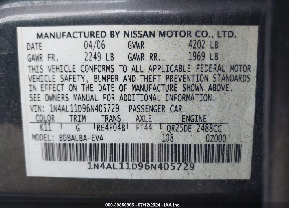 2006 NISSAN ALTIMA 2.5 S VIN: 1N4AL11D96N405729